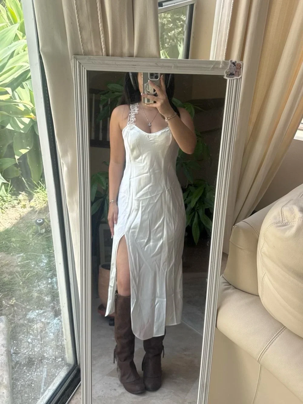 White Lace-Trim Slip Dress with Side Slit by